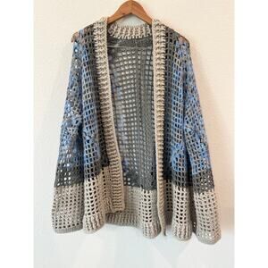 Handmade Open Front Bell Sleeve Crochet Cardigan in Blue/Gray Granny | OSFM